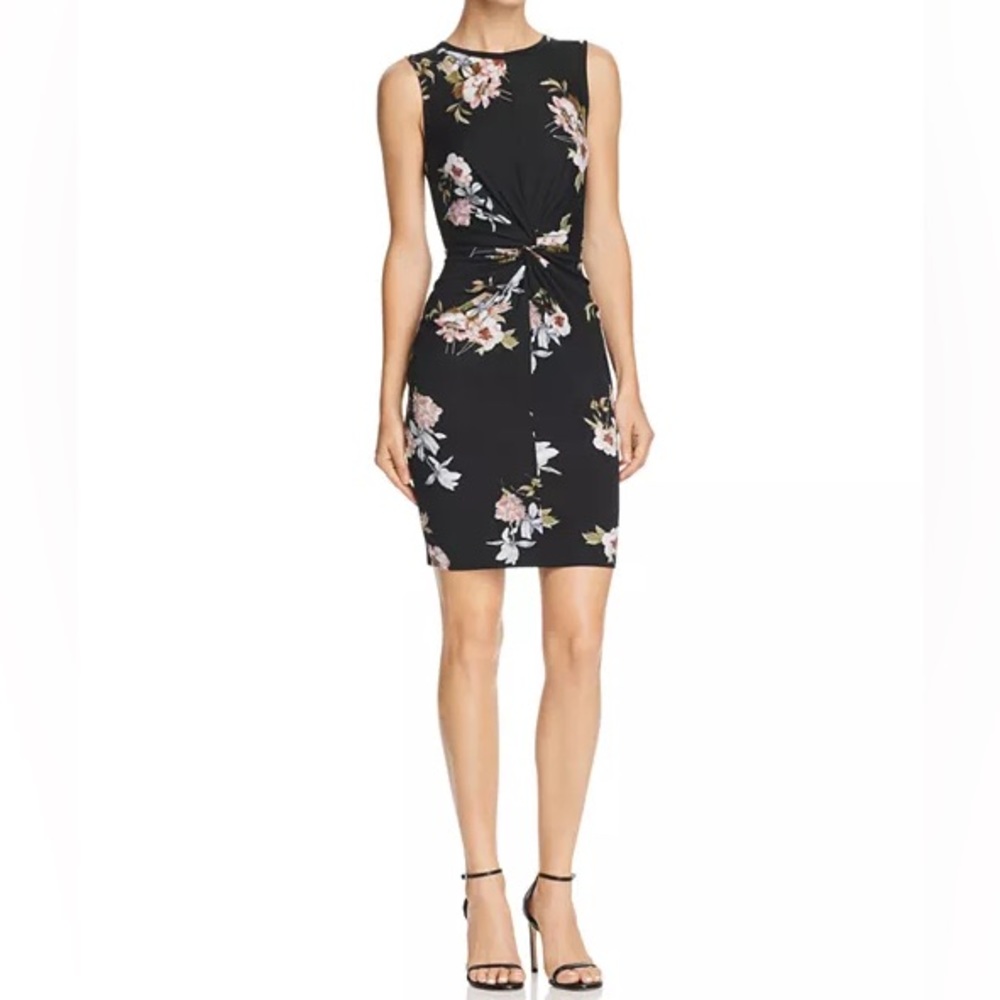 Aqua Twist Front Jersey Shift Dress Black Floral S